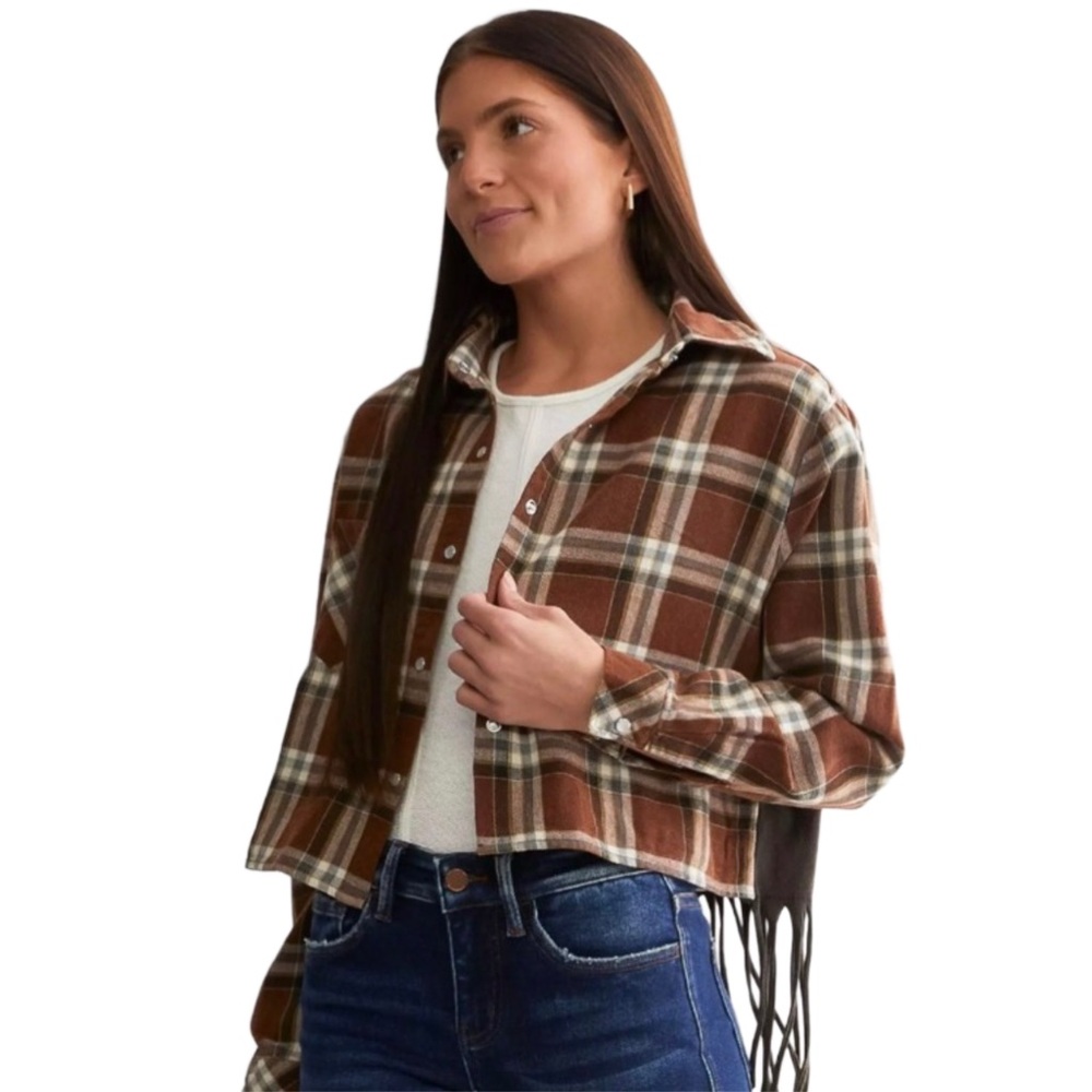 La La Land Creative Co Nashville Cropped Fringe Brown Flannel Pearl Buttons XS - Picture 3 of 13